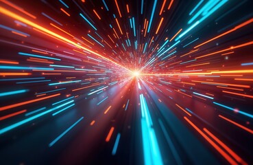Aufkleber - Abstract illustration of vibrant motion light trails in warp speed style against black background. Neon orange, cyan streaks create dynamic pattern. Futuristic, energetic. Suggests fast speed,