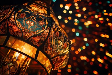 Poster - Beautiful close-up of an intricately designed lantern illuminated with vibrant blue and red colors, set against a stunning blurred lights background for effect.