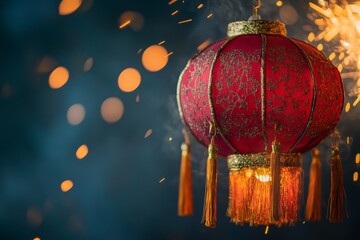 Aufkleber - A decorative red lantern with intricate patterns and golden tassels, surrounded by sparkles, evokes a sense of festivity and celebration in a dark setting.