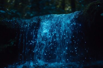 Poster - A magical waterfall is beautifully illuminated with thousands of glowing blue lights, creating an enchanting and surreal ambiance in the lush forest around it.