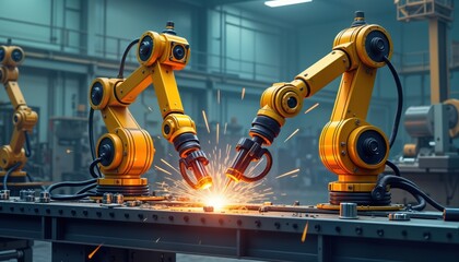 Aufkleber - Yellow robotic arms weld metal parts on electric beam in modern factory. Automated machinery, tools surround dynamic process. Industrial scene precision, efficiency in manufacturing. High tech