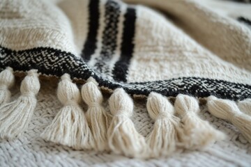 Poster - A close-up of a traditional handwoven blanket in cream and black, highlighting detailed patterns and tassels, symbolizing warmth, heritage, and artistic elegance.