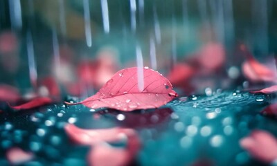 Aufkleber - Raindrops on Vibrant Red Leaf Creating a Poetic Autumn Mood : Generative AI