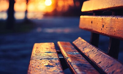Poster - Warm Sunset Over Park Bench with Calm Reflections Creating Nostalgia : Generative AI