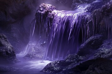Poster - This image showcases a stunning purple-toned waterfall cascading gracefully over rugged rocks, creating a serene and mystical atmosphere in a fantasy-like environment.