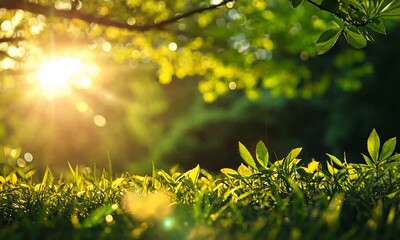 Aufkleber - Vibrant sunlight filtering through lush green leaves evoking a sense of renewal : Generative AI