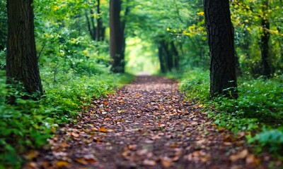 Aufkleber - Inviting Forest Pathway Surrounded by Lush Greenery and Fallen Leaves in Serene Nature Setting in Autumn : Generative AI