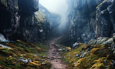Aufkleber - Mystical Foggy Forest Pathway Between Mossy Rocky Cliffs Under Overcast Sky : Generative AI