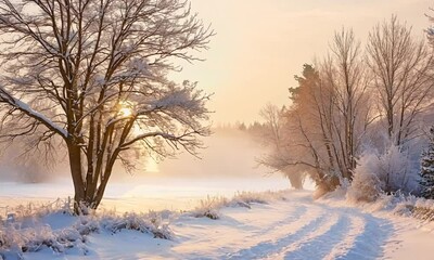 Poster - Winter Wonderland with Sunlight Peeking Through Snow Covered Trees and Frosty Landscape : Generative AI