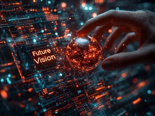 Aufkleber - digital hand reaching for glowing sphere labeled future vision amid abstract data streams