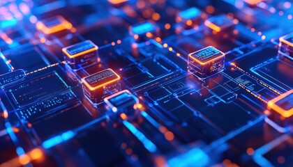Poster - Abstract Digital Circuit Board Glowing Cubes