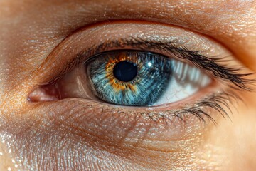 Poster - The photograph showcases an eye with blue and gold tones, captured in fine detail, highlighting the complex textures and colors of the human eye with artistry.