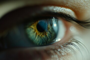 Aufkleber - A striking close-up of a human eye featuring a detailed iris with shades of blue, green, and yellow, showcasing the eye's natural complexity and beauty.