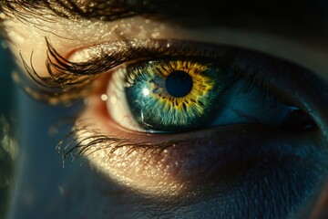 Aufkleber - A close-up of an eye exhibiting intense colors such as blues and yellows with a bright light reflecting on the surface, emphasizing contrast and clarity.