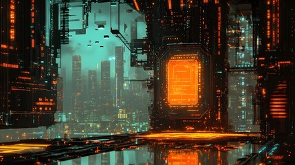 Poster - Advanced microchip surrounded by glowing orange and AI generated illustration