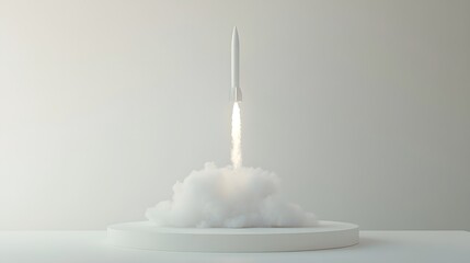 Poster - Ambition single rocket model lifting off from a whit AI generated illustration