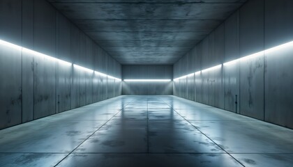 Poster - Empty modern underground hall with dark concrete walls, tiled floor. White LED lights line walls creating futuristic atmosphere. Space minimalist, industrial. Suitable for tech product showcase