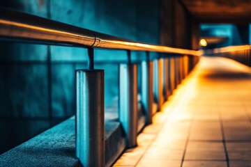 Poster - A sleek stainless steel railing lines a dimly lit corridor, creating a modern and industrial ambiance with warm and cool lighting contrasts on tiled floor.