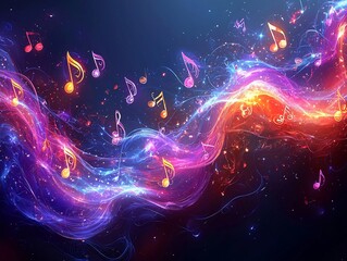Poster - Colorful Music Notes Flowing in Dreamlike Waves Across Ethereal Blue Background