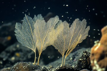 Poster - Delicate sea fans gracefully sway in an underwater environment, showcasing intricate branching patterns, set against a background of dark water flowing gently around them.