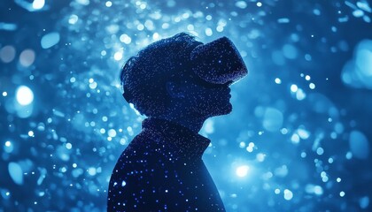 Poster - Person Immersed In Virtual Reality Blue Lights Background