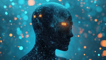 Poster - Digital Humanoid Head Illuminated With Glowing Data Streams