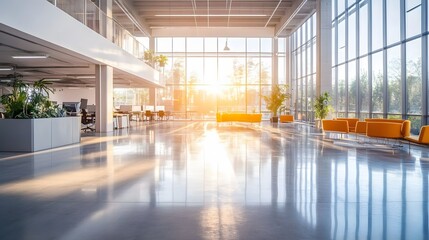 Poster - Bright spacious office interior with reflective floo AI generated illustration