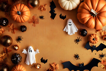 Wall Mural - Halloween holiday frame with party decorations of pumpkins, bats, ghosts, spiders on golden background top view. Happy halloween card in flat lay style.