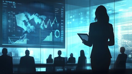 Poster - Businesswoman delivering a presentation in a modern AI generated illustration