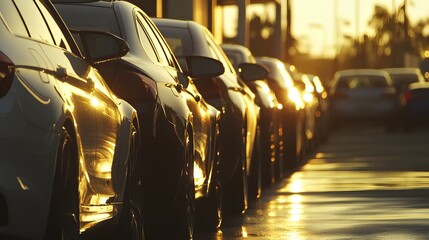 Poster - Cars parked side by side in a dealership lot bright AI generated illustration