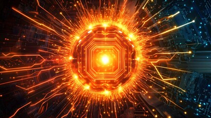 Fototapete - Central glowing energy core on a circuit board vibra AI generated illustration