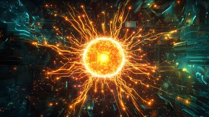 Poster - Central glowing energy core on a circuit board vibra AI generated illustration