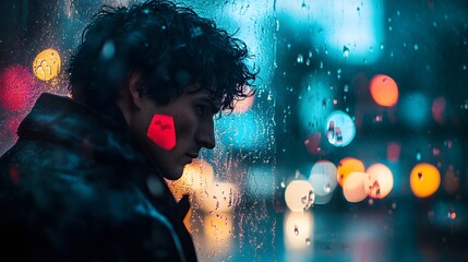 Poster - Cinematic profile shot of a man gazing out a rain st AI generated illustration