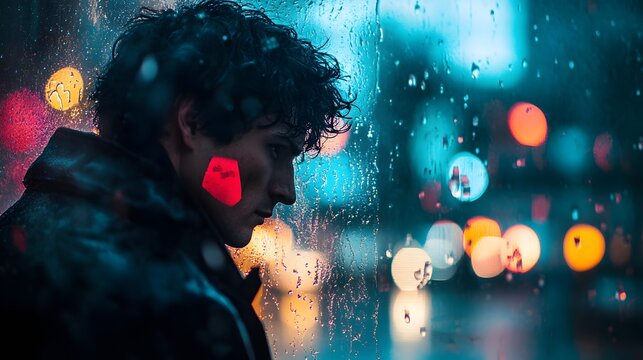 Cinematic profile shot of a man gazing out a rain st AI generated illustration