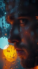 Poster - Close up of a man with raindrops on his face blurred AI generated illustration