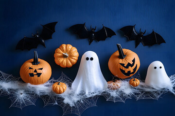 Wall Mural - Halloween party decorations from pumpkins, bats, spider web, ghosts on dark blue background top view. Happy halloween holiday greeting card flat lay style.