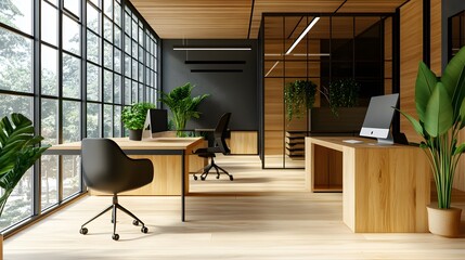 Poster - Contemporary coworking office with minimalist wooden AI generated illustration
