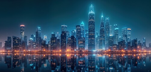 Futuristic smart city at night. Skyscrapers with vibrant digital network connections. City reflects in calm water. Modern tech eco city at night. Advanced infrastructure, futuristic architecture.