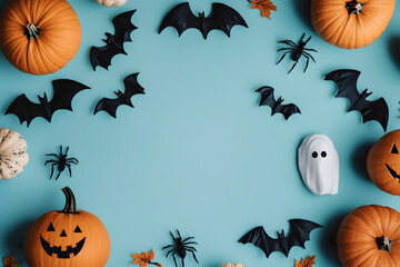 Wall Mural - Halloween frame with party decorations of pumpkins, bats, ghosts, spiders on blue background from above. Happy halloween card in flat lay style.