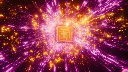 Poster - Cyberpunk digital chip surrounded by glowing connect AI generated illustration