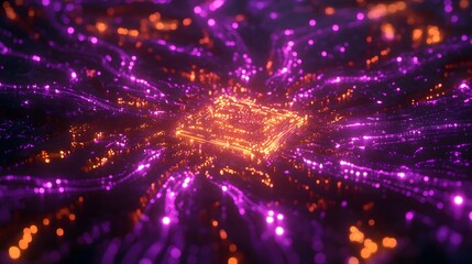Fototapete - Cyberpunk digital chip surrounded by glowing connect AI generated illustration