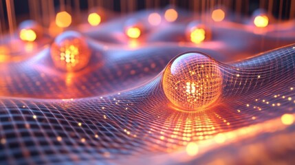 Poster - A creative visualization of quantum simulation, showcasing dynamic, glowing models of quantum systems interacting in a futuristic grid