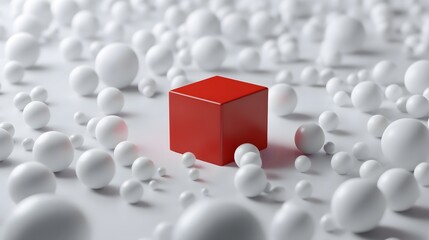 Poster - Disruption single red cube among scattered white sph AI generated illustration