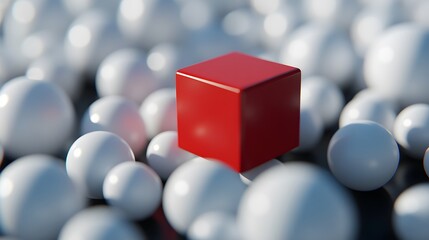 Poster - Disruption single red cube among scattered white sph AI generated illustration