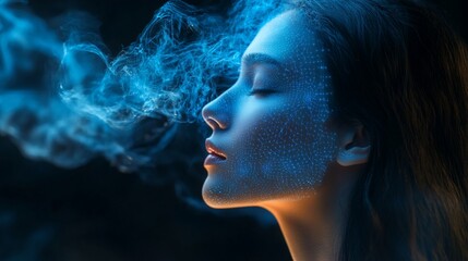 Poster - Woman's face with blue smoke and digital pattern.