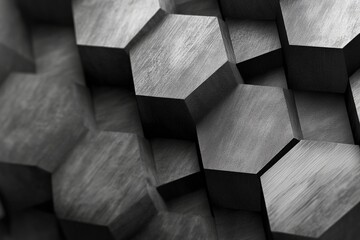 Fototapete - A striking monochrome image featuring hexagonal patterns in a 3D relief, showcasing the architectural style with focus on depth, shadow, and minimalist design.