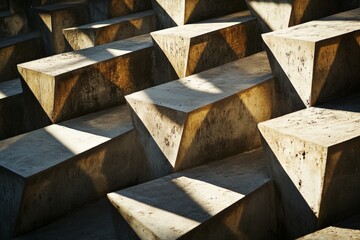 Aufkleber - A textured concrete surface with angular geometric patterns creating an intriguing play of light and shadow, showcasing the industrial beauty and architectural design.