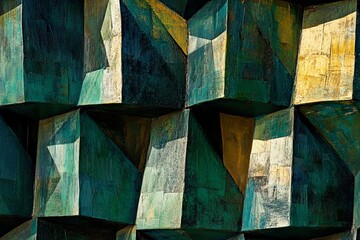 Aufkleber - A composition of geometric patterns with textured surfaces in varying green hues, blending art and design to create a sense of depth, movement, and creativity.