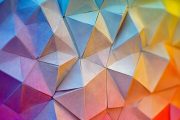 Poster - A vibrant display of colorful origami paper folded into intricate geometric triangles, demonstrating creativity, precision, and the art of paper folding enhanced by light.