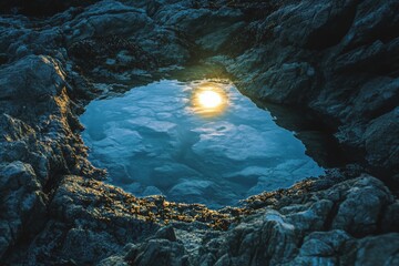 Aufkleber - A sunny rock pool reflects the serene beauty of nature and the ocean, capturing the essence of tranquility and peace in a stunning landscape photograph.